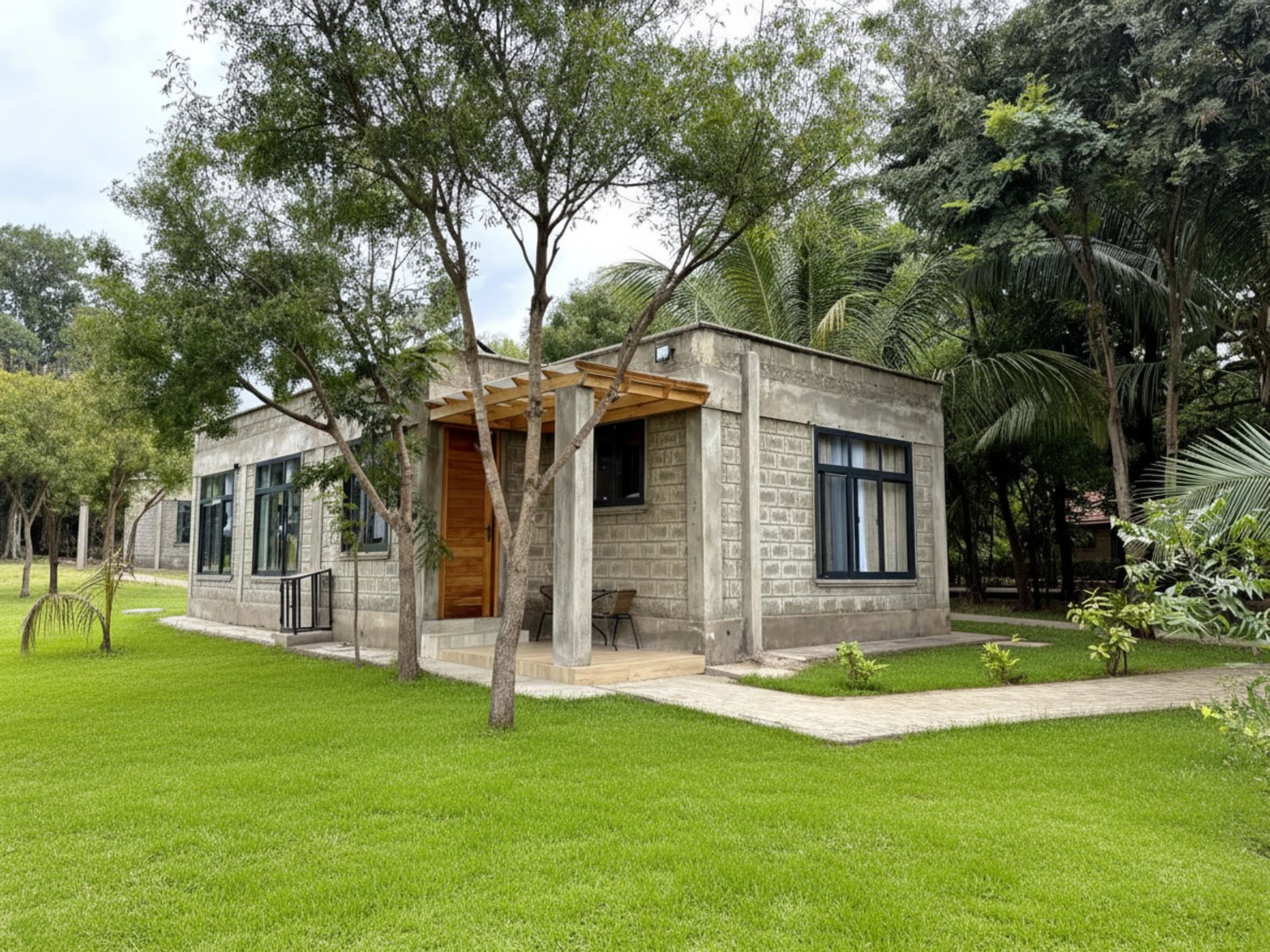 A Nagira garden cottage framed by lawn and palms