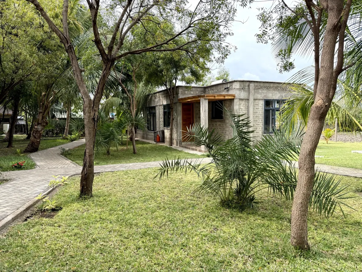 Cottage exterior framed by trees