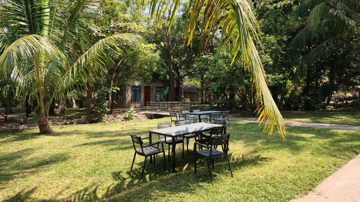 Tables set beneath the palms in Nagira's garden