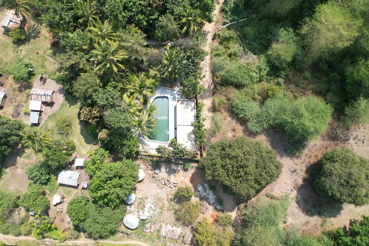 Aerial view of the Nagira pool, its name tiled into the floor