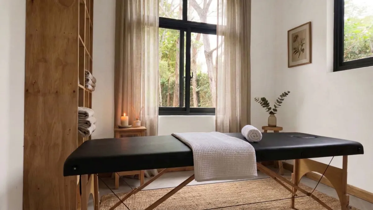 The Nagira spa treatment room — linen throw, candlelight, and eucalyptus, with the garden beyond the window